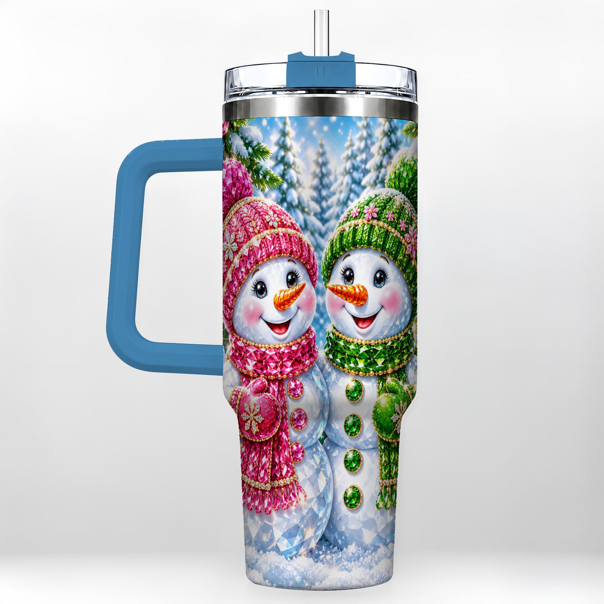#pl[40oz|Blue] Jeweled Snowman 40oz Tumbler with Handle, Crystal Winter Travel Cup