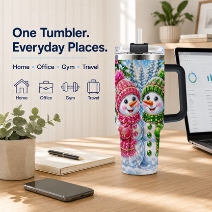 #pl[40oz|Black] Jeweled Snowman 40oz Tumbler with Handle, Crystal Winter Travel Cup