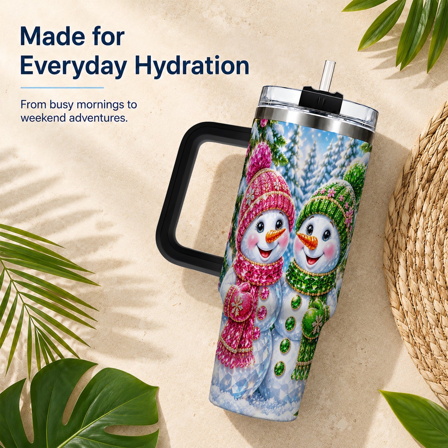 #pl[40oz|Black] Jeweled Snowman 40oz Tumbler with Handle, Crystal Winter Travel Cup