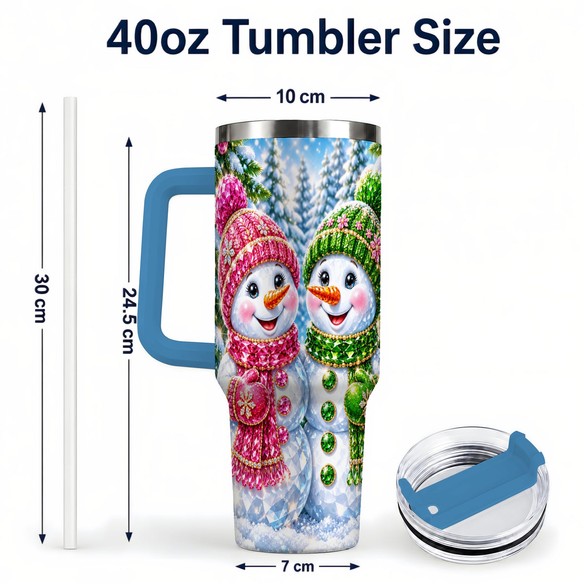 #pl[40oz|Blue] Jeweled Snowman 40oz Tumbler with Handle, Crystal Winter Travel Cup