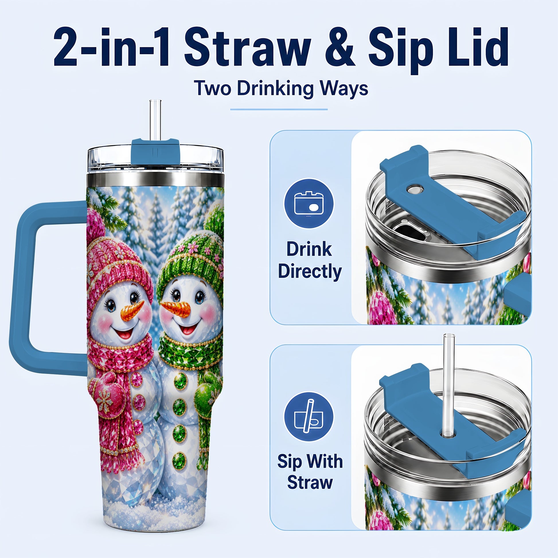 #pl[40oz|Blue] Jeweled Snowman 40oz Tumbler with Handle, Crystal Winter Travel Cup