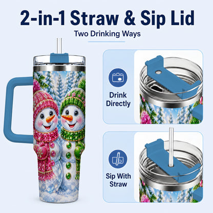 #pl[40oz|Blue] Jeweled Snowman 40oz Tumbler with Handle, Crystal Winter Travel Cup