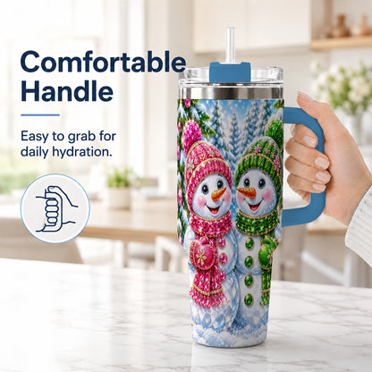 #pl[40oz|Blue] Jeweled Snowman 40oz Tumbler with Handle, Crystal Winter Travel Cup