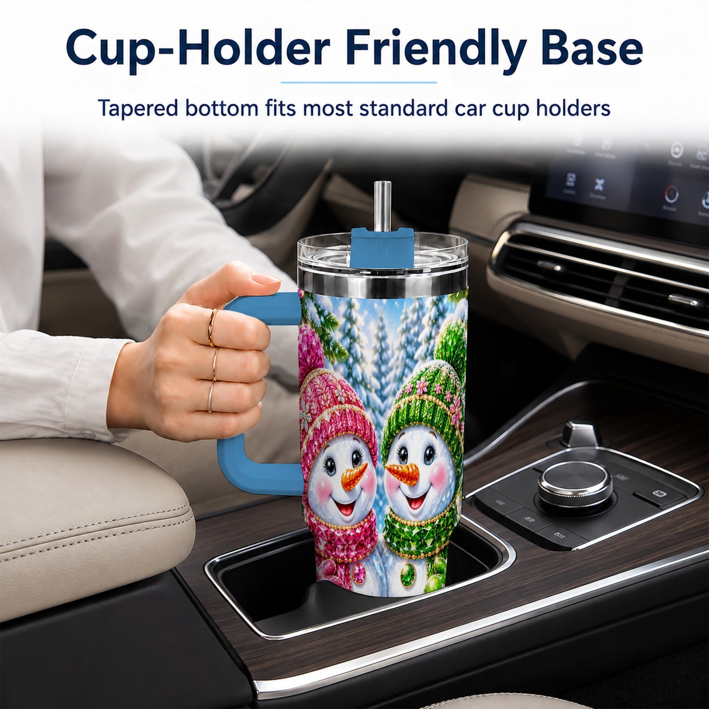 #pl[40oz|Blue] Jeweled Snowman 40oz Tumbler with Handle, Crystal Winter Travel Cup