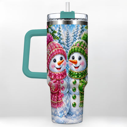 #pl[40oz|Green] Jeweled Snowman 40oz Tumbler with Handle, Crystal Winter Travel Cup