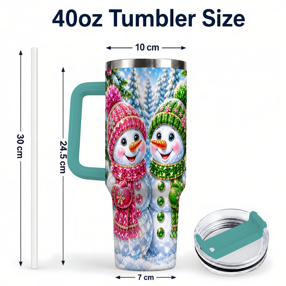#pl[40oz|Green] Jeweled Snowman 40oz Tumbler with Handle, Crystal Winter Travel Cup