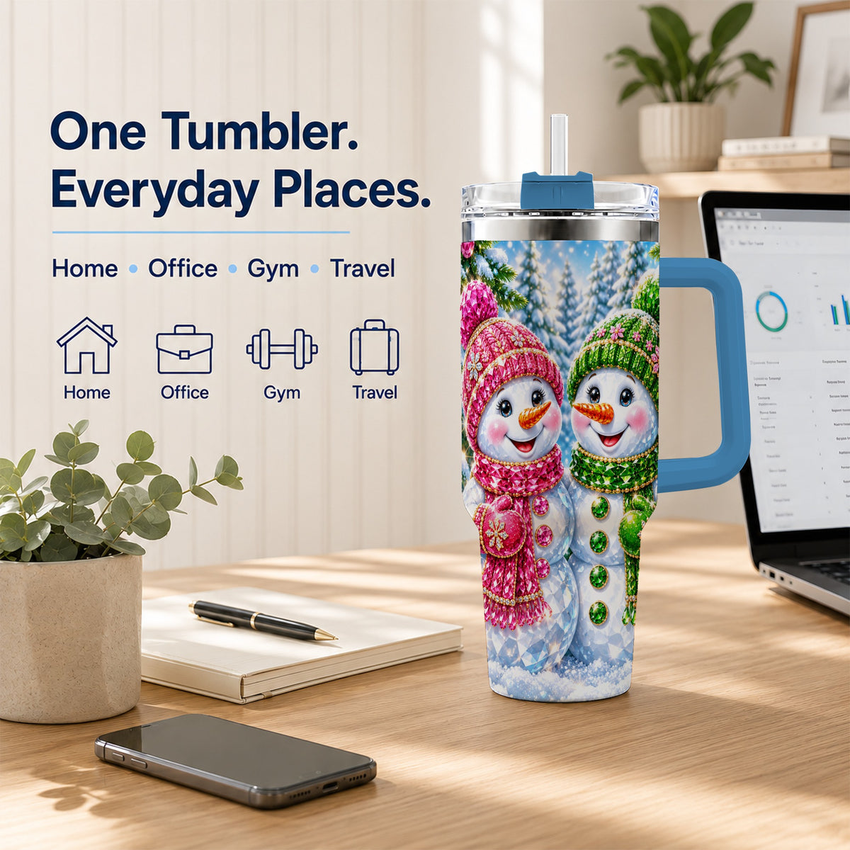 #pl[40oz|Blue] Jeweled Snowman 40oz Tumbler with Handle, Crystal Winter Travel Cup