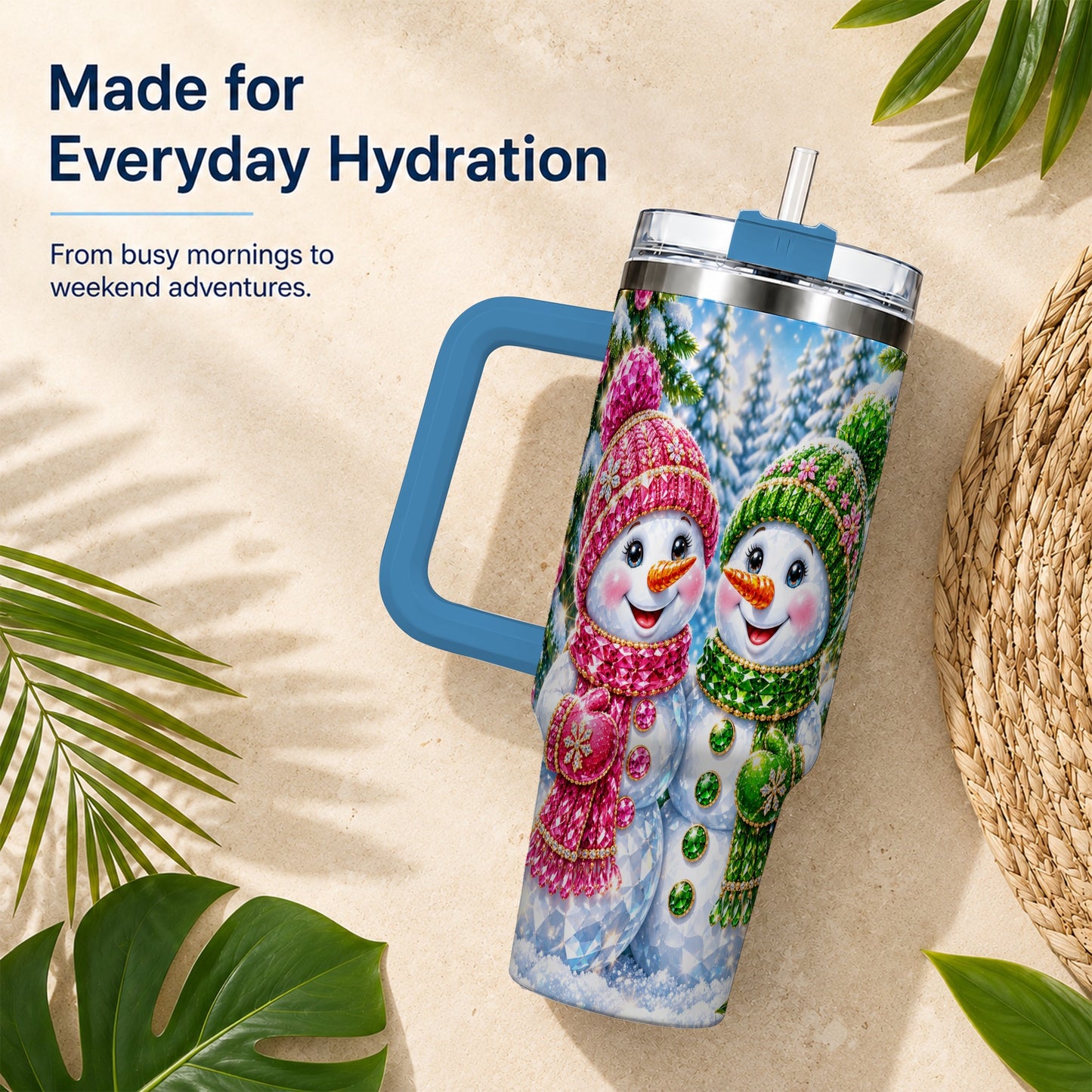 #pl[40oz|Blue] Jeweled Snowman 40oz Tumbler with Handle, Crystal Winter Travel Cup