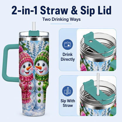 #pl[40oz|Green] Jeweled Snowman 40oz Tumbler with Handle, Crystal Winter Travel Cup