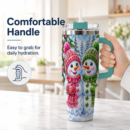 #pl[40oz|Green] Jeweled Snowman 40oz Tumbler with Handle, Crystal Winter Travel Cup