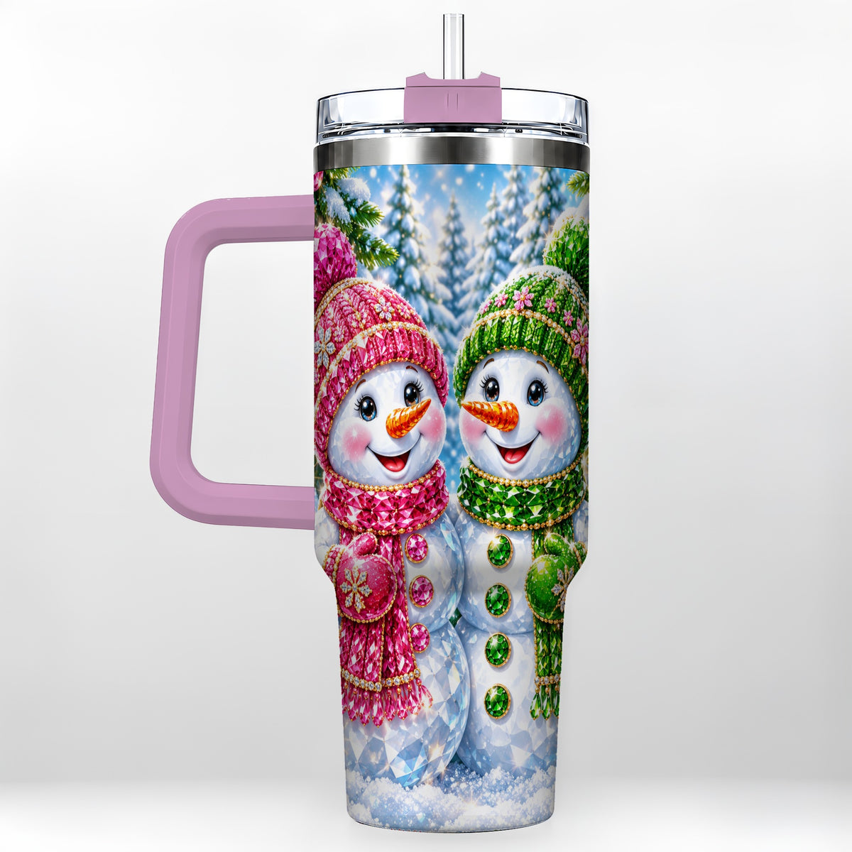 #pl[40oz|Pink] Jeweled Snowman 40oz Tumbler with Handle, Crystal Winter Travel Cup