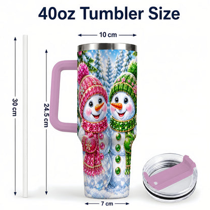 #pl[40oz|Pink] Jeweled Snowman 40oz Tumbler with Handle, Crystal Winter Travel Cup