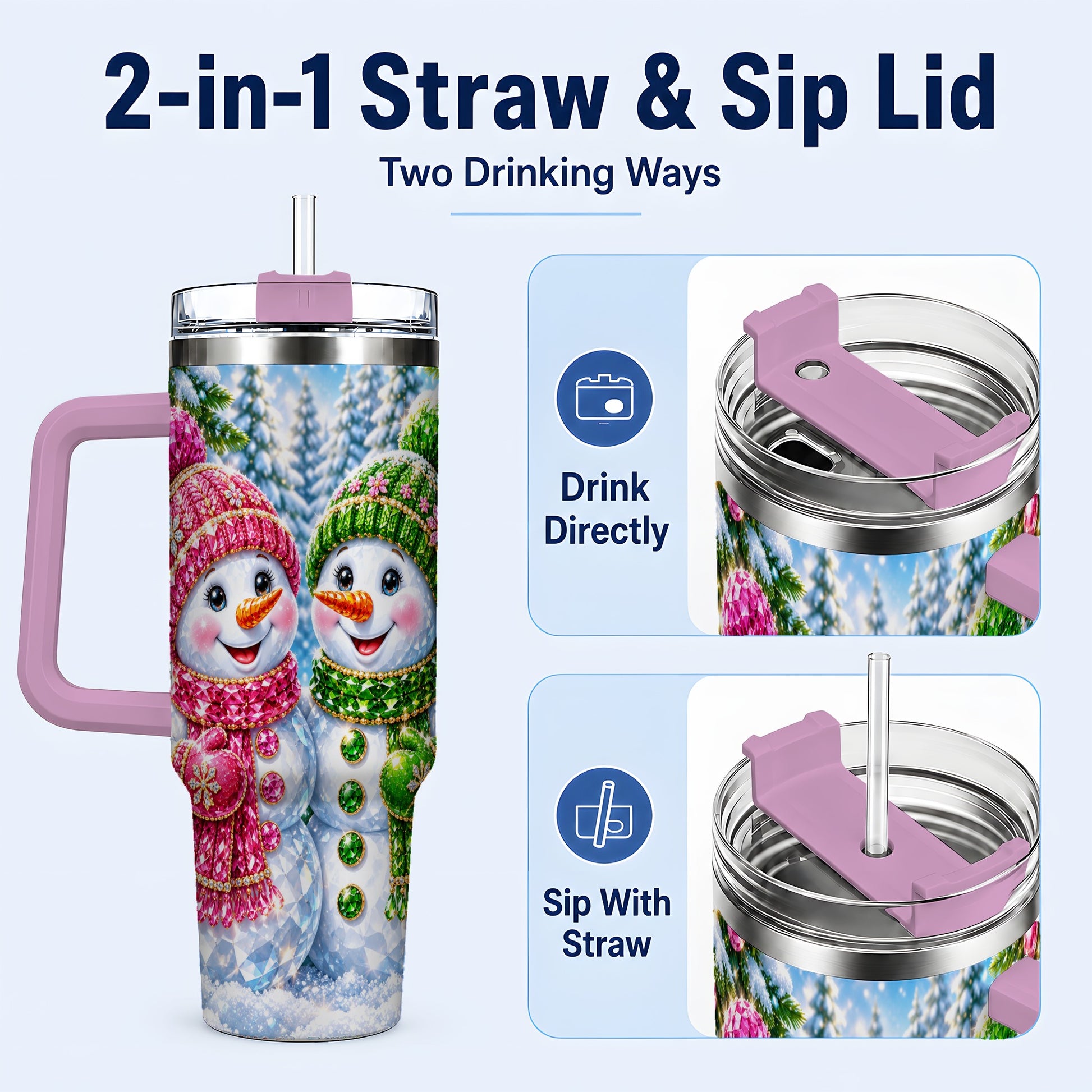 #pl[40oz|Pink] Jeweled Snowman 40oz Tumbler with Handle, Crystal Winter Travel Cup