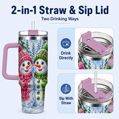 #pl[40oz|Pink] Jeweled Snowman 40oz Tumbler with Handle, Crystal Winter Travel Cup
