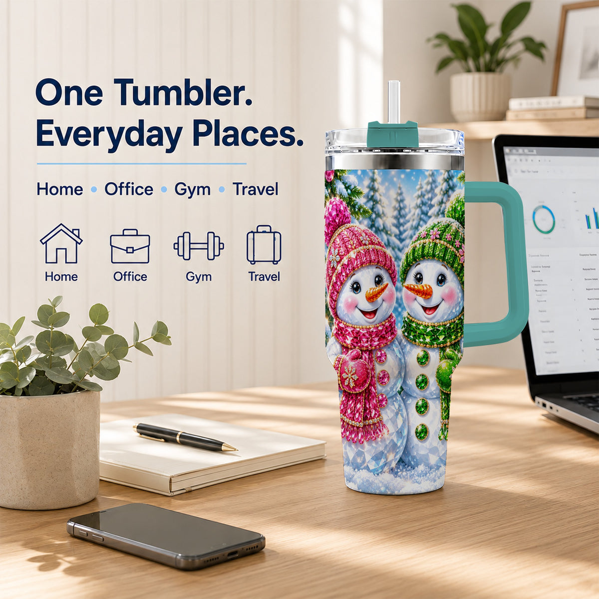 #pl[40oz|Green] Jeweled Snowman 40oz Tumbler with Handle, Crystal Winter Travel Cup