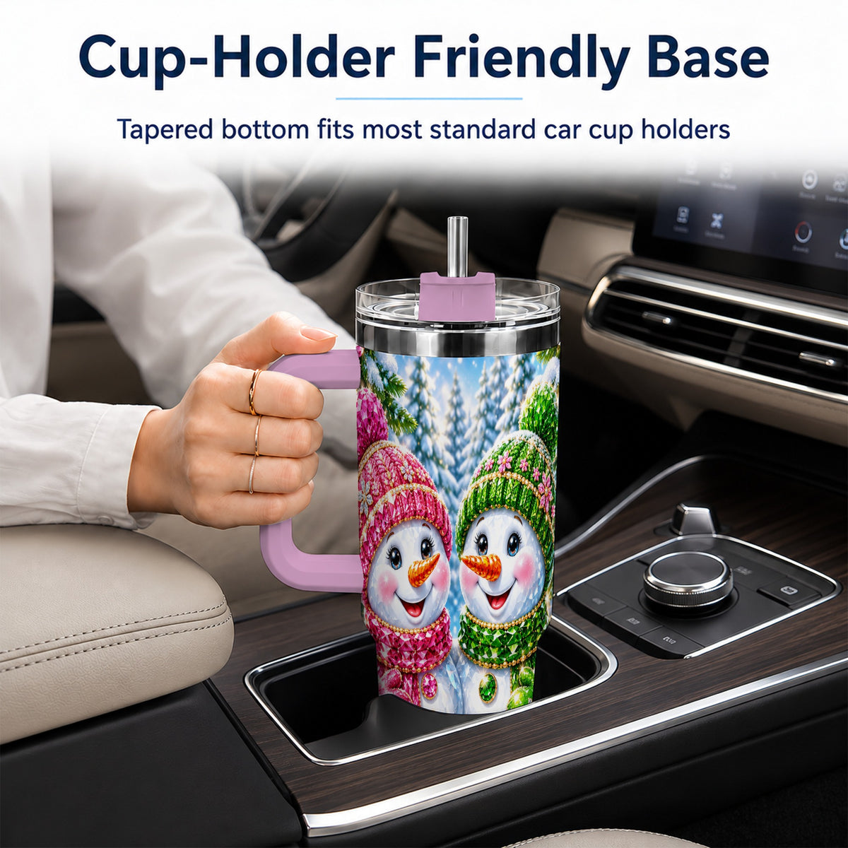 #pl[40oz|Pink] Jeweled Snowman 40oz Tumbler with Handle, Crystal Winter Travel Cup