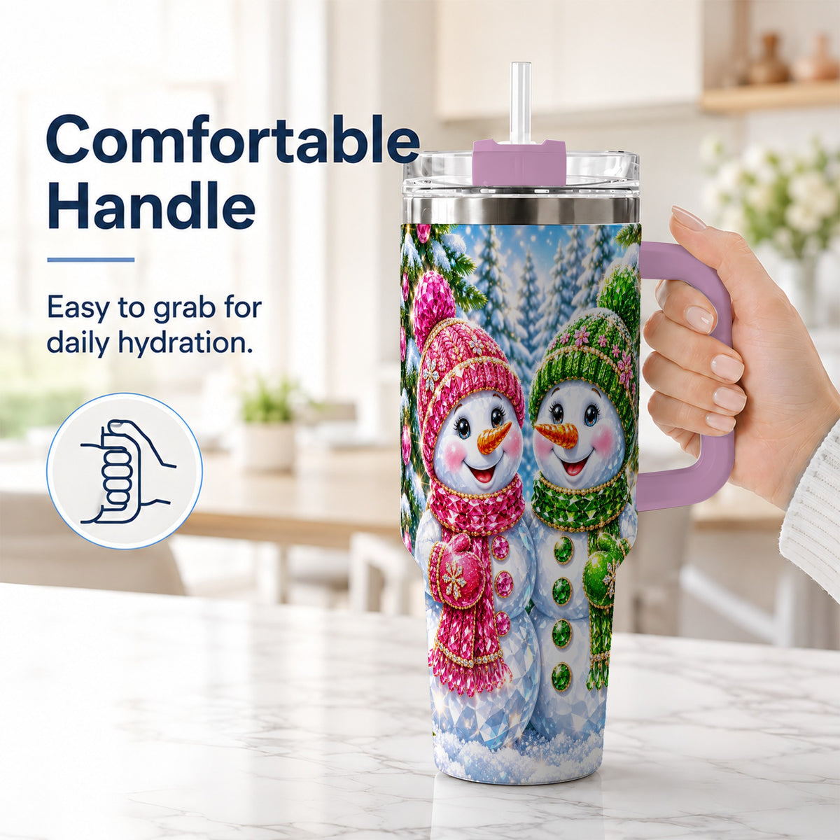 #pl[40oz|Pink] Jeweled Snowman 40oz Tumbler with Handle, Crystal Winter Travel Cup