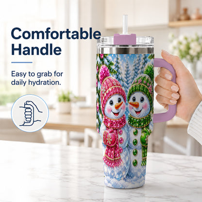#pl[40oz|Pink] Jeweled Snowman 40oz Tumbler with Handle, Crystal Winter Travel Cup