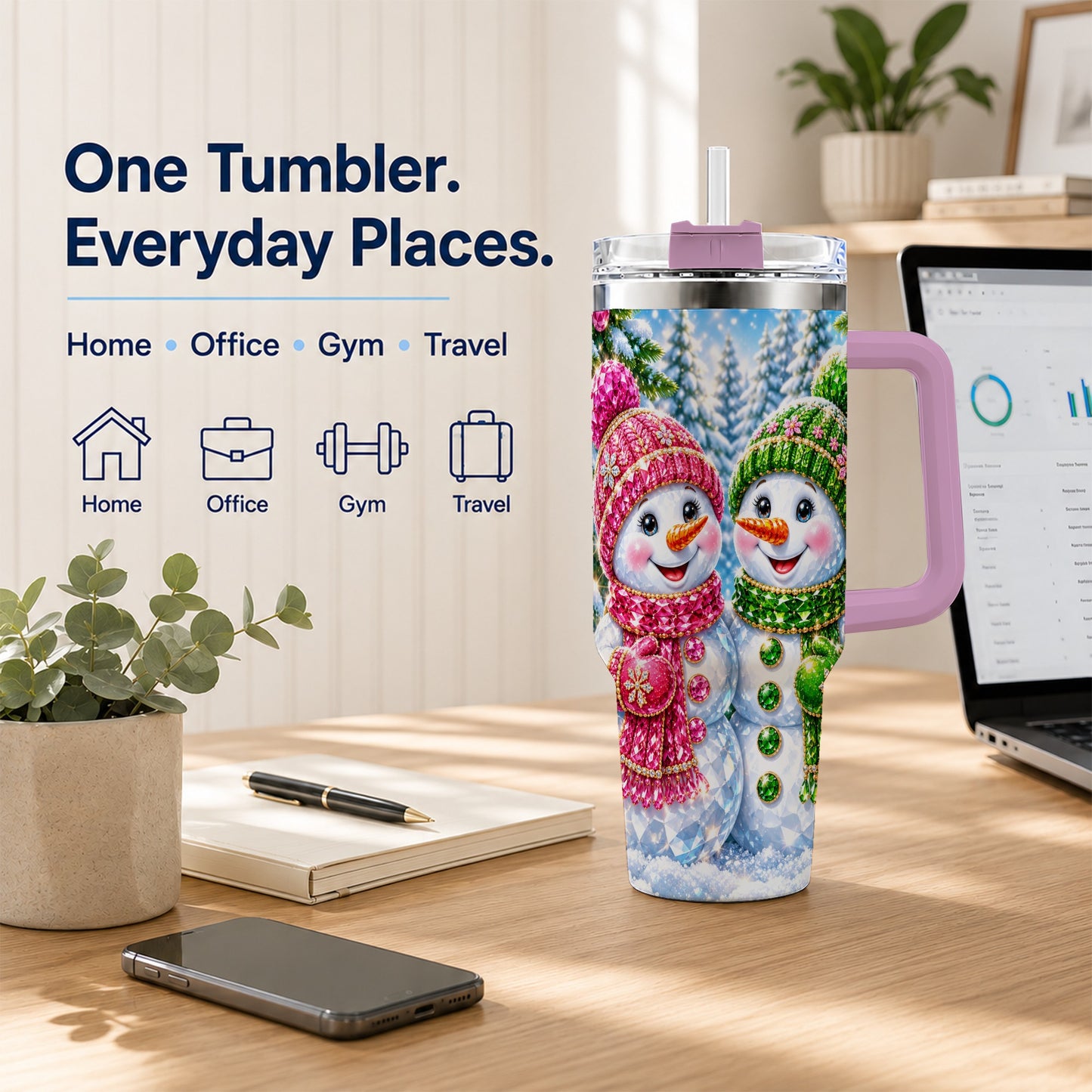 #pl[40oz|Pink] Jeweled Snowman 40oz Tumbler with Handle, Crystal Winter Travel Cup