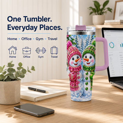 #pl[40oz|Pink] Jeweled Snowman 40oz Tumbler with Handle, Crystal Winter Travel Cup