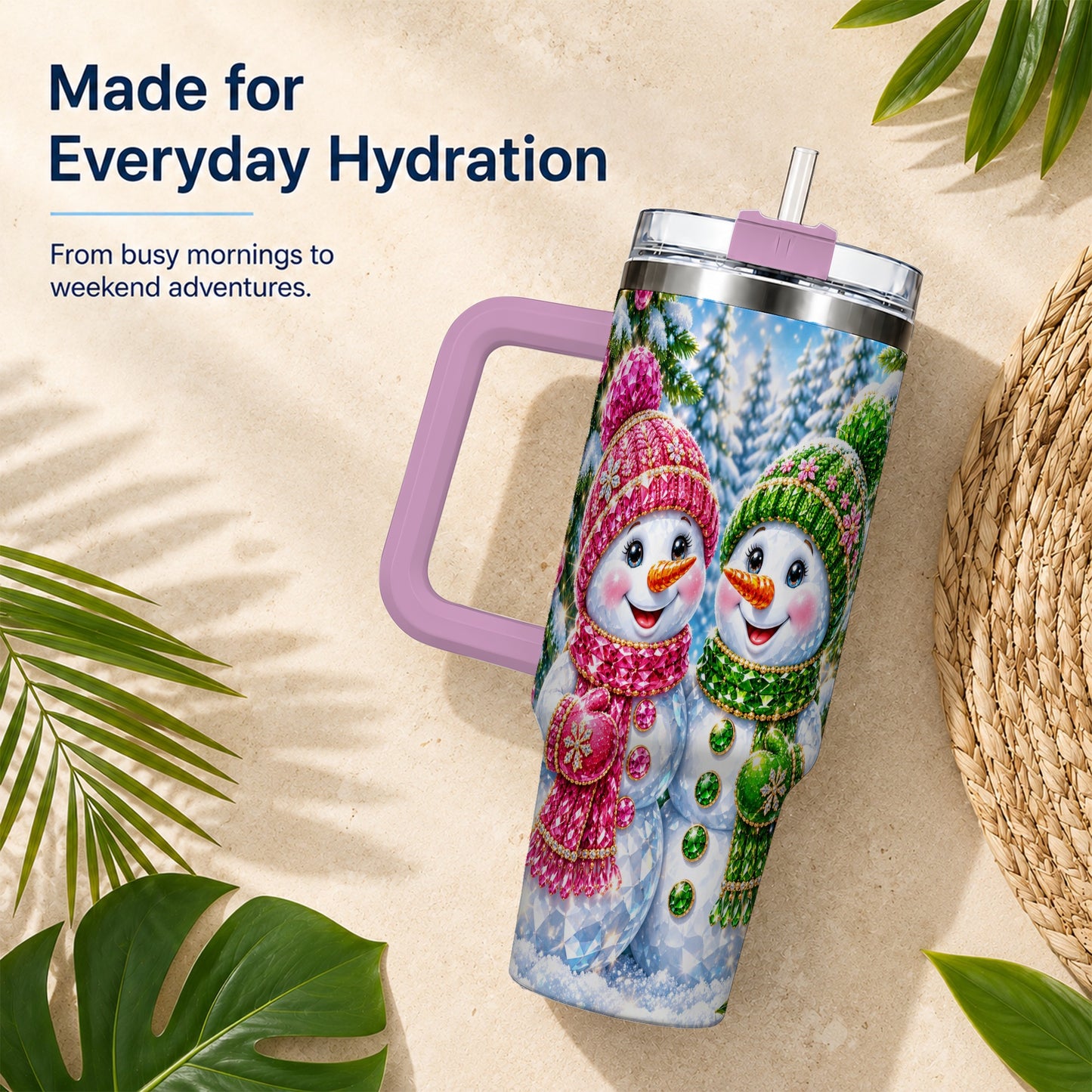 #pl[40oz|Pink] Jeweled Snowman 40oz Tumbler with Handle, Crystal Winter Travel Cup