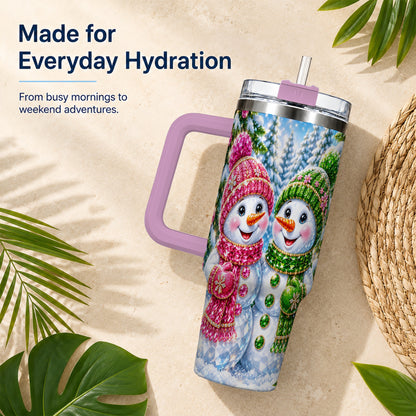 #pl[40oz|Pink] Jeweled Snowman 40oz Tumbler with Handle, Crystal Winter Travel Cup