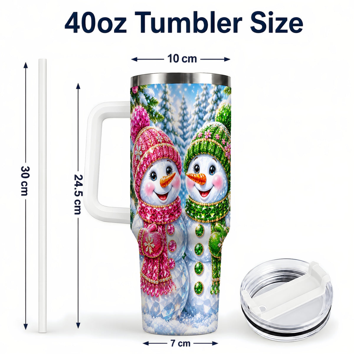 #pl[40oz|White] Jeweled Snowman 40oz Tumbler with Handle, Crystal Winter Travel Cup