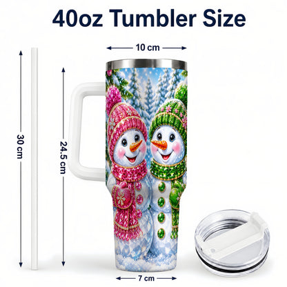 #pl[40oz|White] Jeweled Snowman 40oz Tumbler with Handle, Crystal Winter Travel Cup