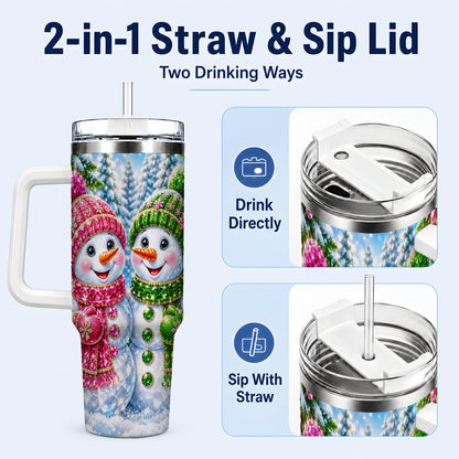 #pl[40oz|White] Jeweled Snowman 40oz Tumbler with Handle, Crystal Winter Travel Cup