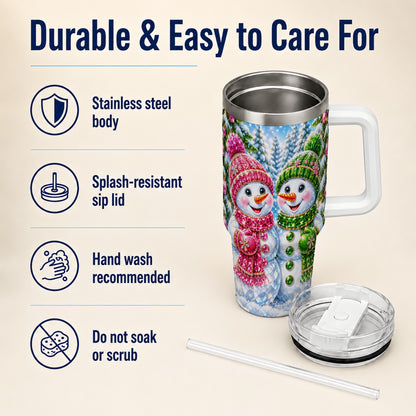 #pl[40oz|White] Jeweled Snowman 40oz Tumbler with Handle, Crystal Winter Travel Cup