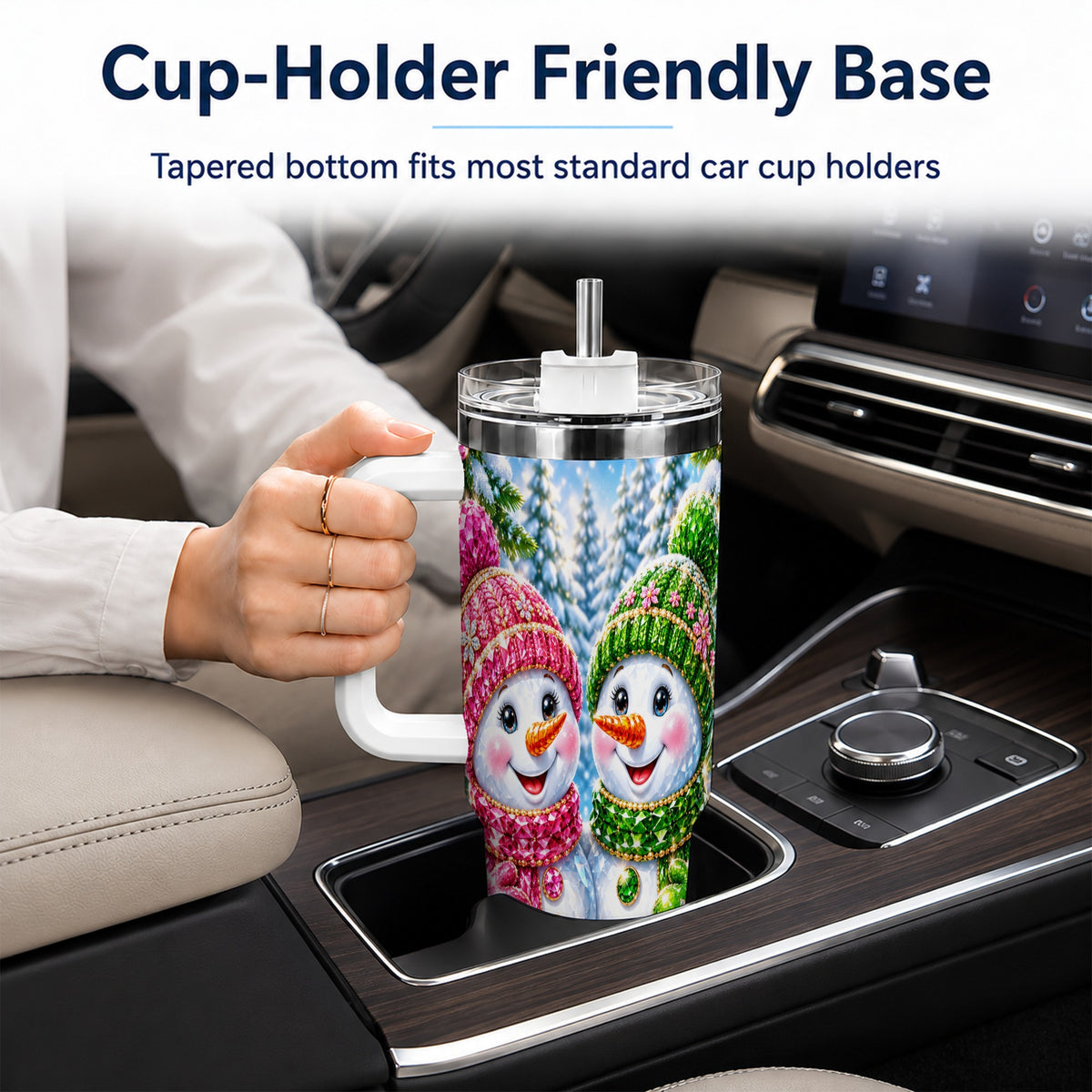 #pl[40oz|White] Jeweled Snowman 40oz Tumbler with Handle, Crystal Winter Travel Cup