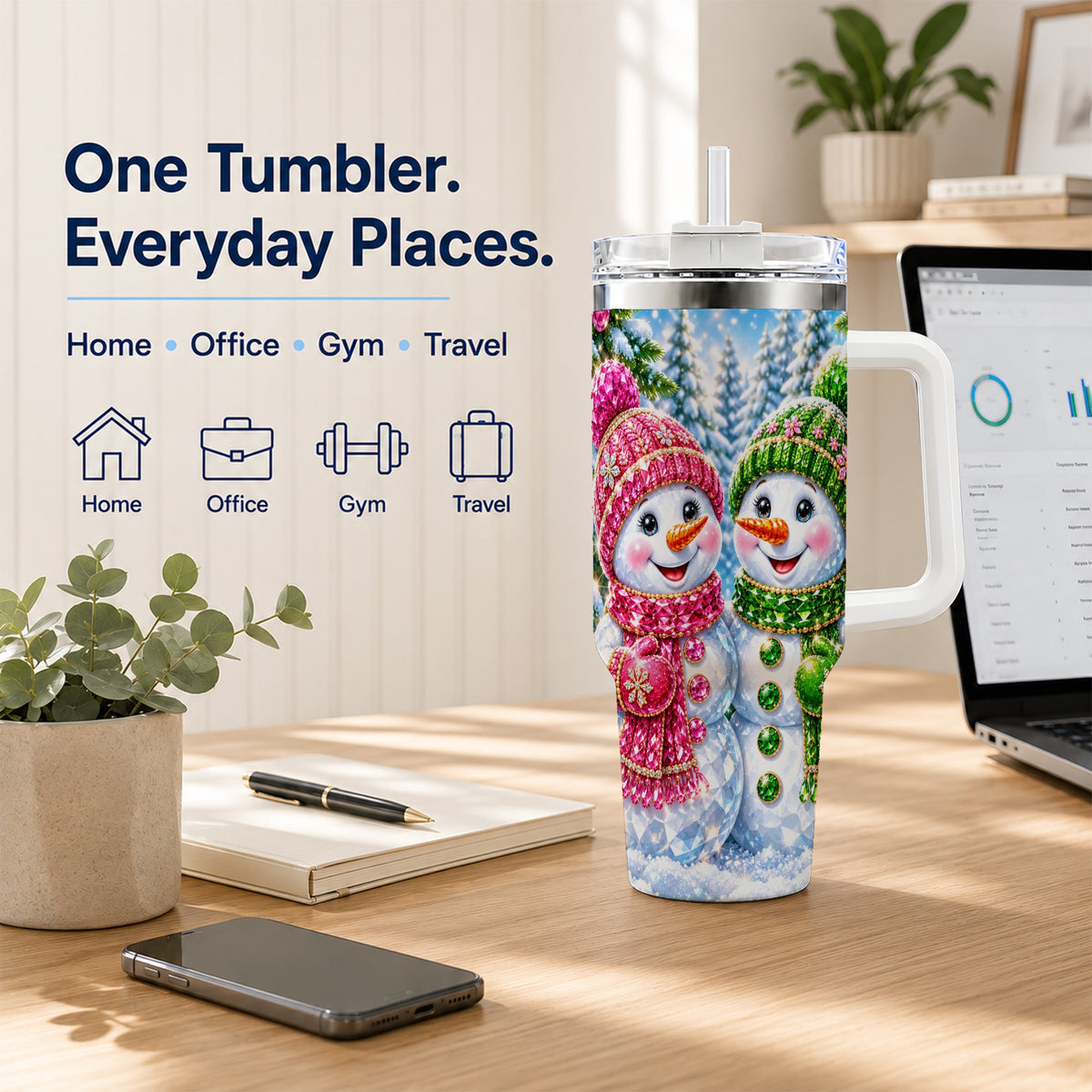 #pl[40oz|White] Jeweled Snowman 40oz Tumbler with Handle, Crystal Winter Travel Cup