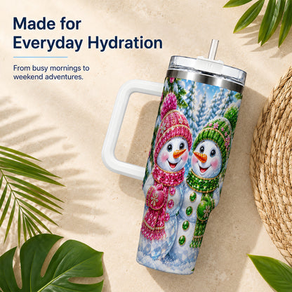 #pl[40oz|White] Jeweled Snowman 40oz Tumbler with Handle, Crystal Winter Travel Cup