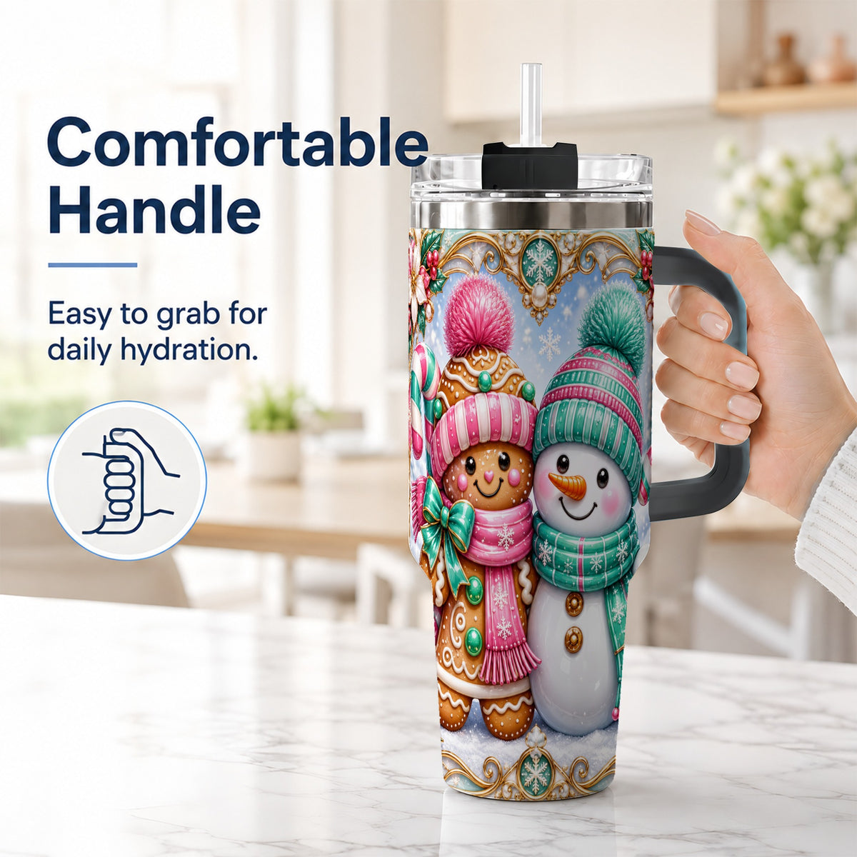 #pl[40oz|Black] Gingerbread Snowman 40oz Tumbler with Handle, Candy Cane Travel Cup