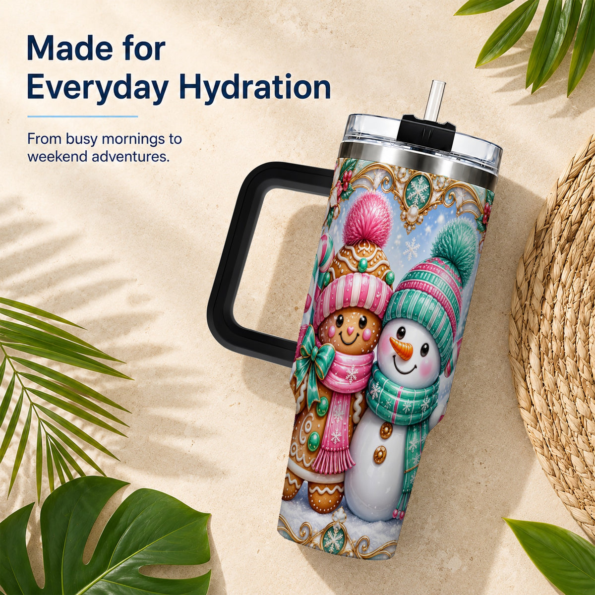 #pl[40oz|Black] Gingerbread Snowman 40oz Tumbler with Handle, Candy Cane Travel Cup