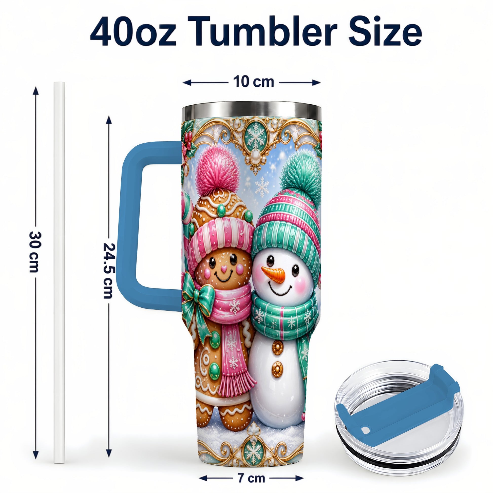 #pl[40oz|Blue] Gingerbread Snowman 40oz Tumbler with Handle, Candy Cane Travel Cup