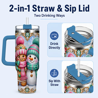 #pl[40oz|Blue] Gingerbread Snowman 40oz Tumbler with Handle, Candy Cane Travel Cup