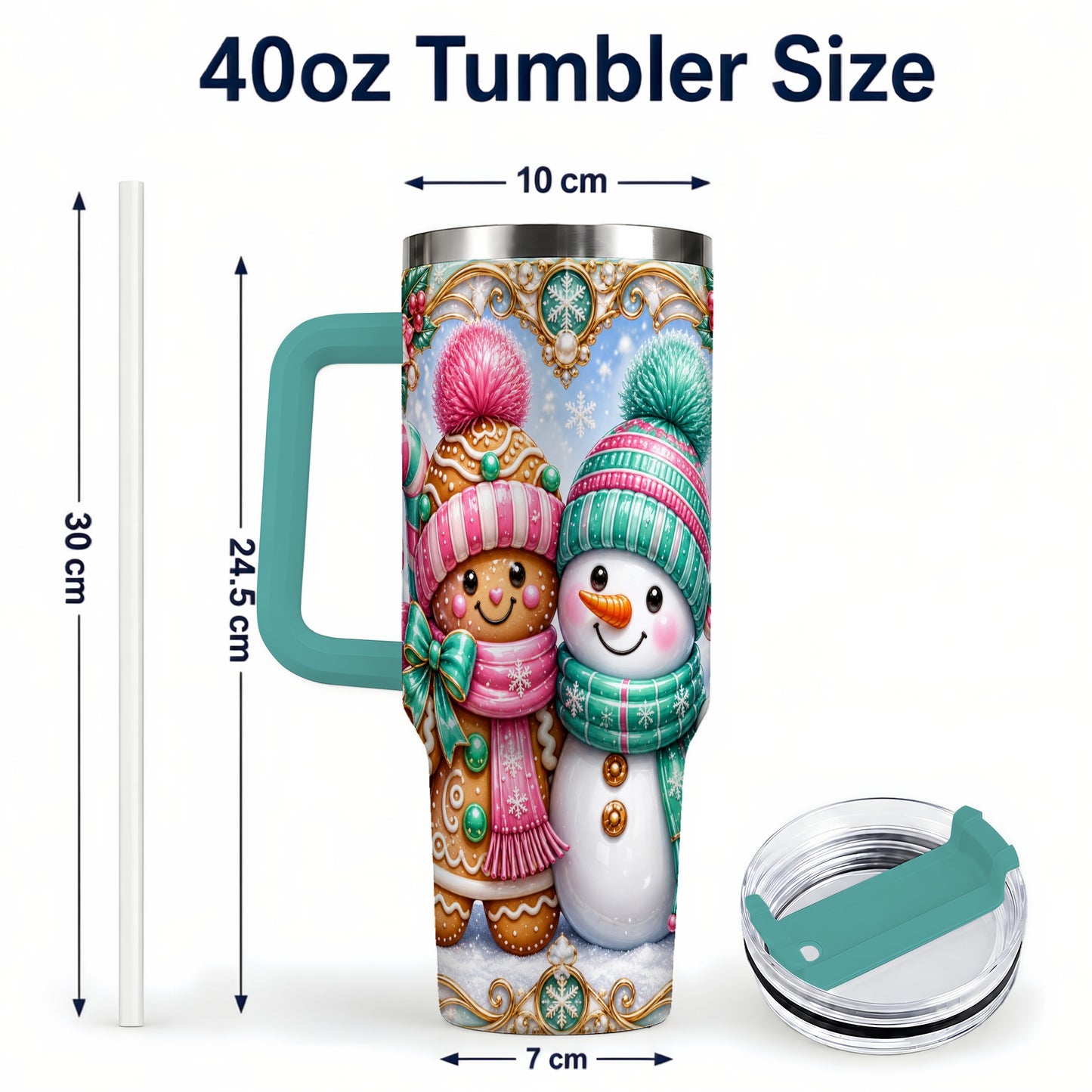 #pl[40oz|Green] Gingerbread Snowman 40oz Tumbler with Handle, Candy Cane Travel Cup