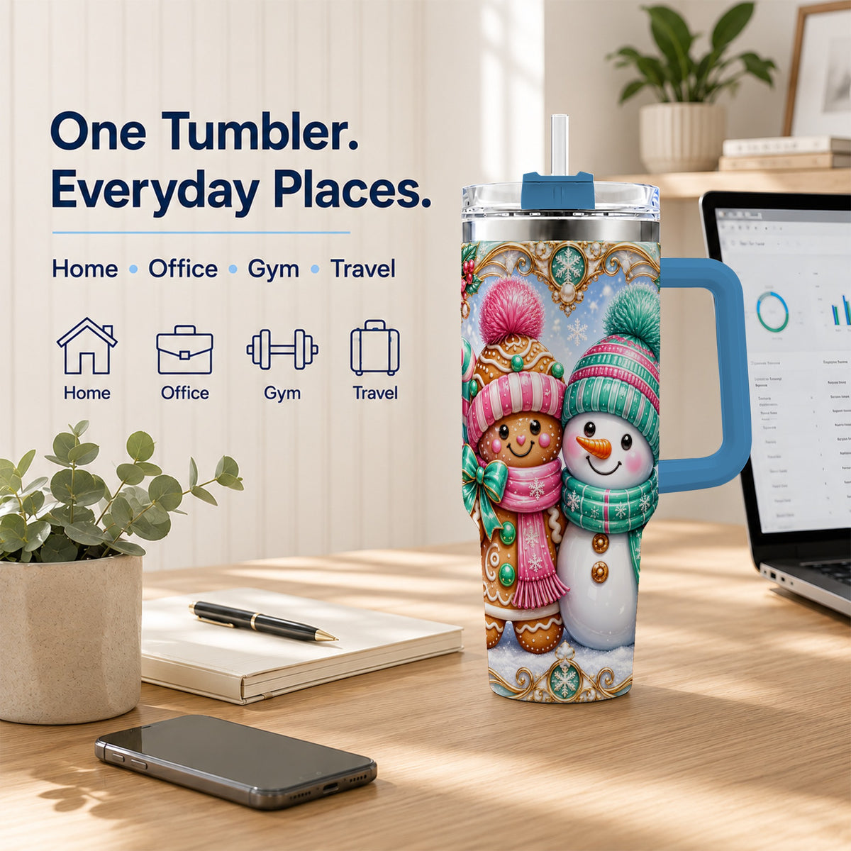 #pl[40oz|Blue] Gingerbread Snowman 40oz Tumbler with Handle, Candy Cane Travel Cup