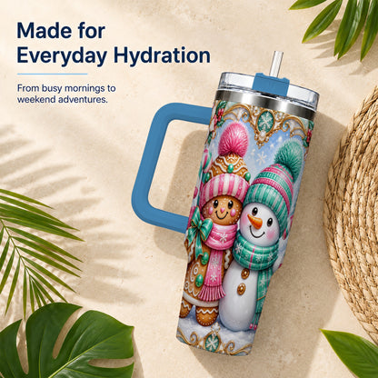 #pl[40oz|Blue] Gingerbread Snowman 40oz Tumbler with Handle, Candy Cane Travel Cup