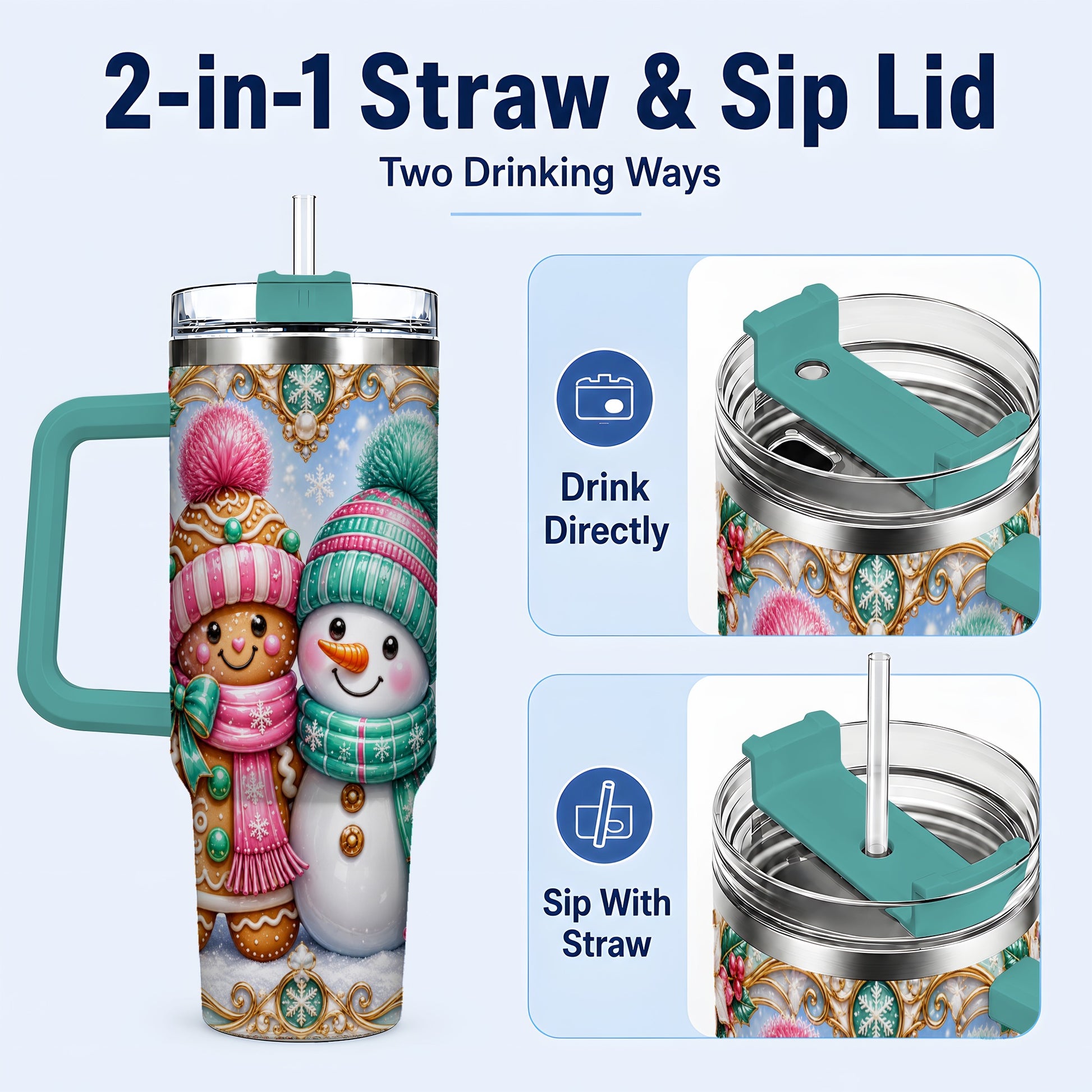 #pl[40oz|Green] Gingerbread Snowman 40oz Tumbler with Handle, Candy Cane Travel Cup