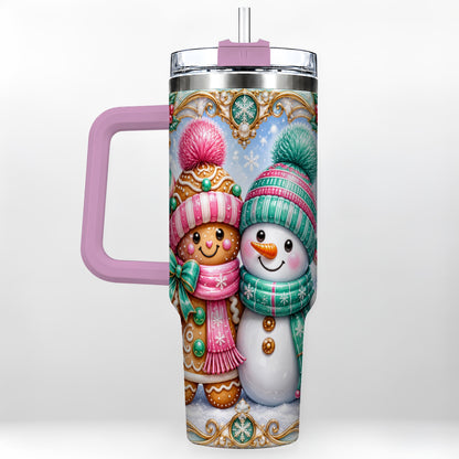#pl[40oz|Pink] Gingerbread Snowman 40oz Tumbler with Handle, Candy Cane Travel Cup