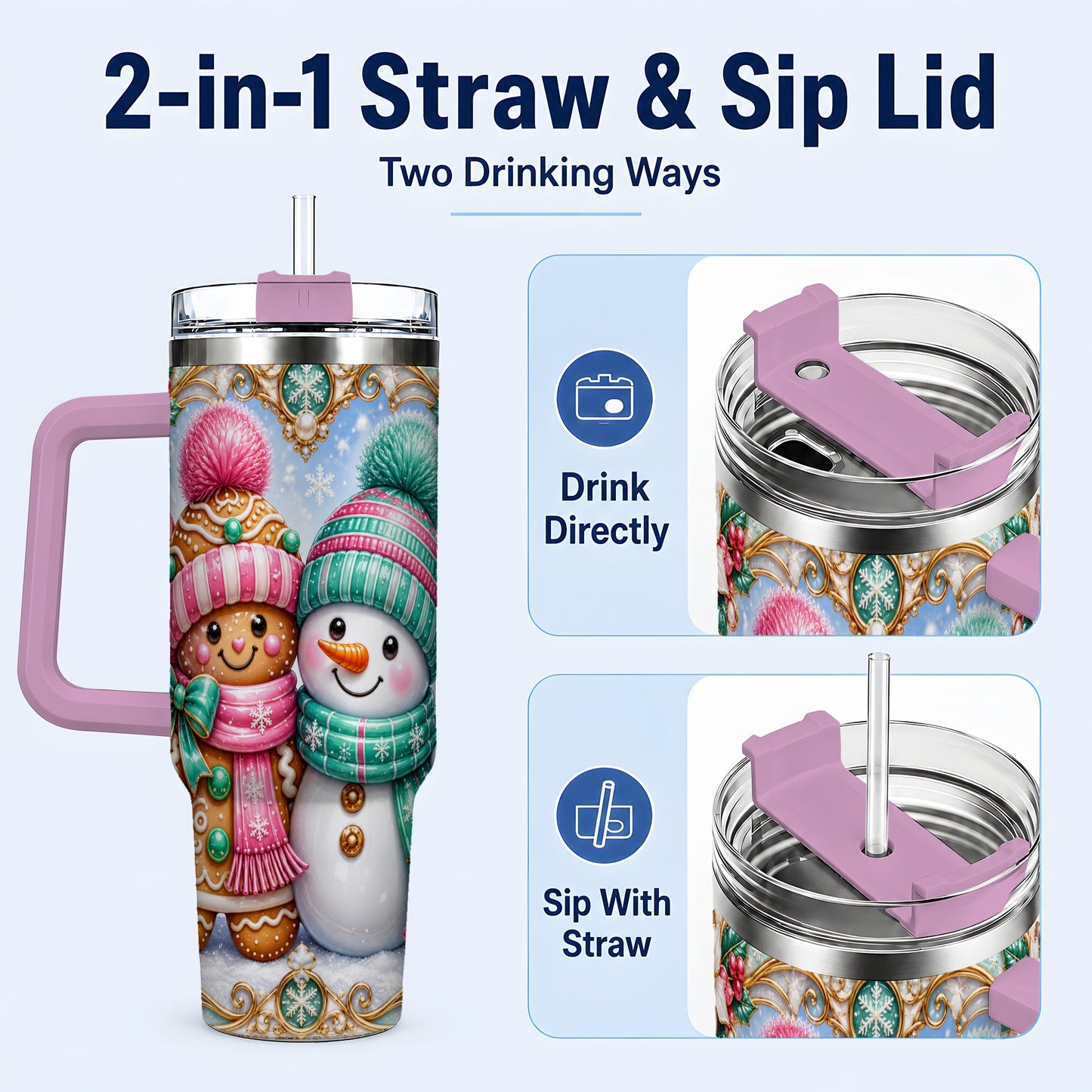 #pl[40oz|Pink] Gingerbread Snowman 40oz Tumbler with Handle, Candy Cane Travel Cup
