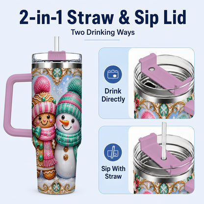 #pl[40oz|Pink] Gingerbread Snowman 40oz Tumbler with Handle, Candy Cane Travel Cup