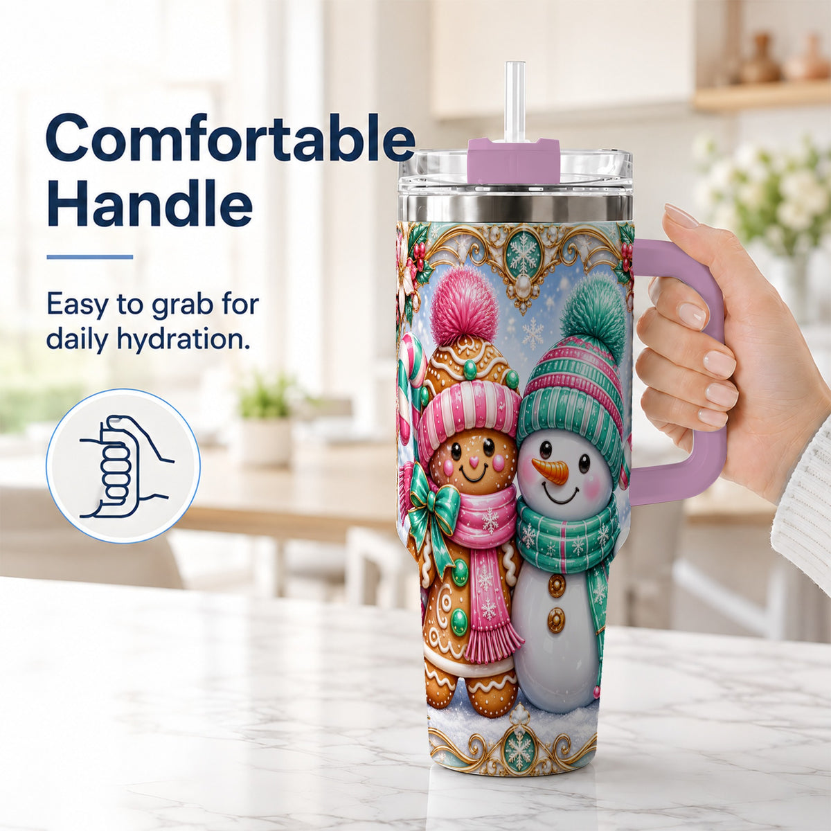 #pl[40oz|Pink] Gingerbread Snowman 40oz Tumbler with Handle, Candy Cane Travel Cup