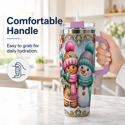 #pl[40oz|Pink] Gingerbread Snowman 40oz Tumbler with Handle, Candy Cane Travel Cup