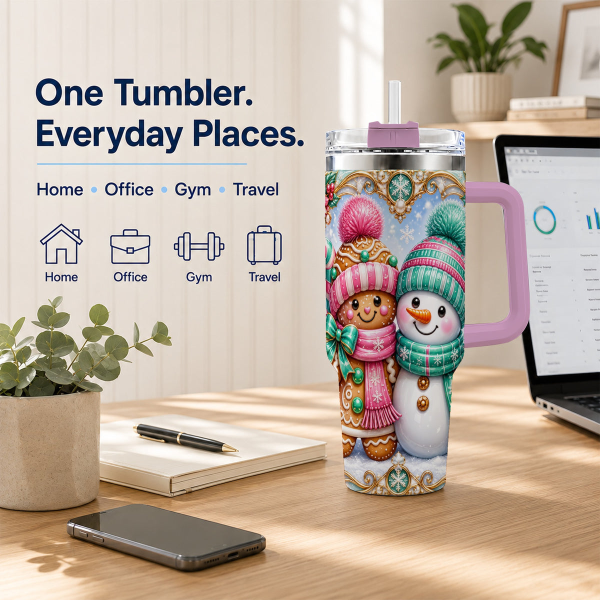 #pl[40oz|Pink] Gingerbread Snowman 40oz Tumbler with Handle, Candy Cane Travel Cup