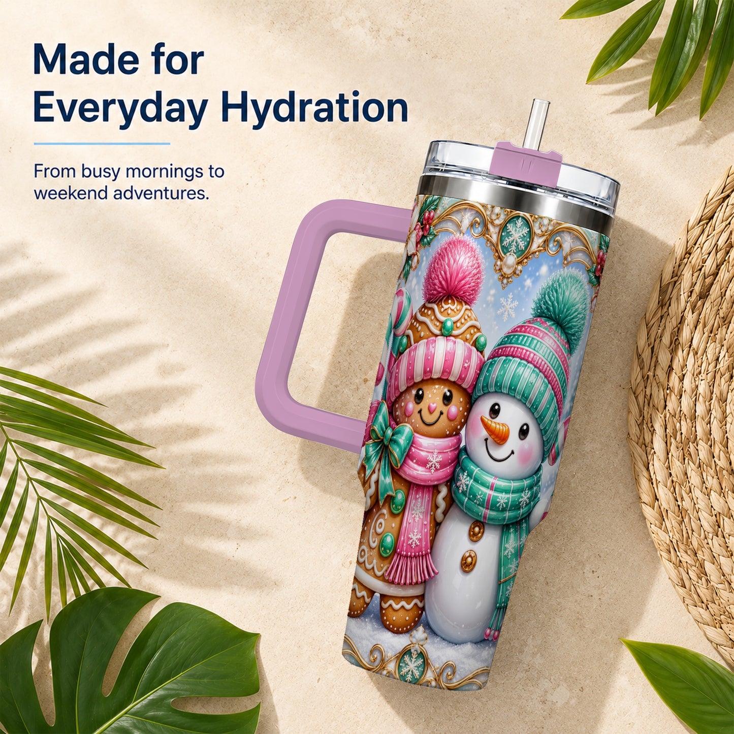 #pl[40oz|Pink] Gingerbread Snowman 40oz Tumbler with Handle, Candy Cane Travel Cup