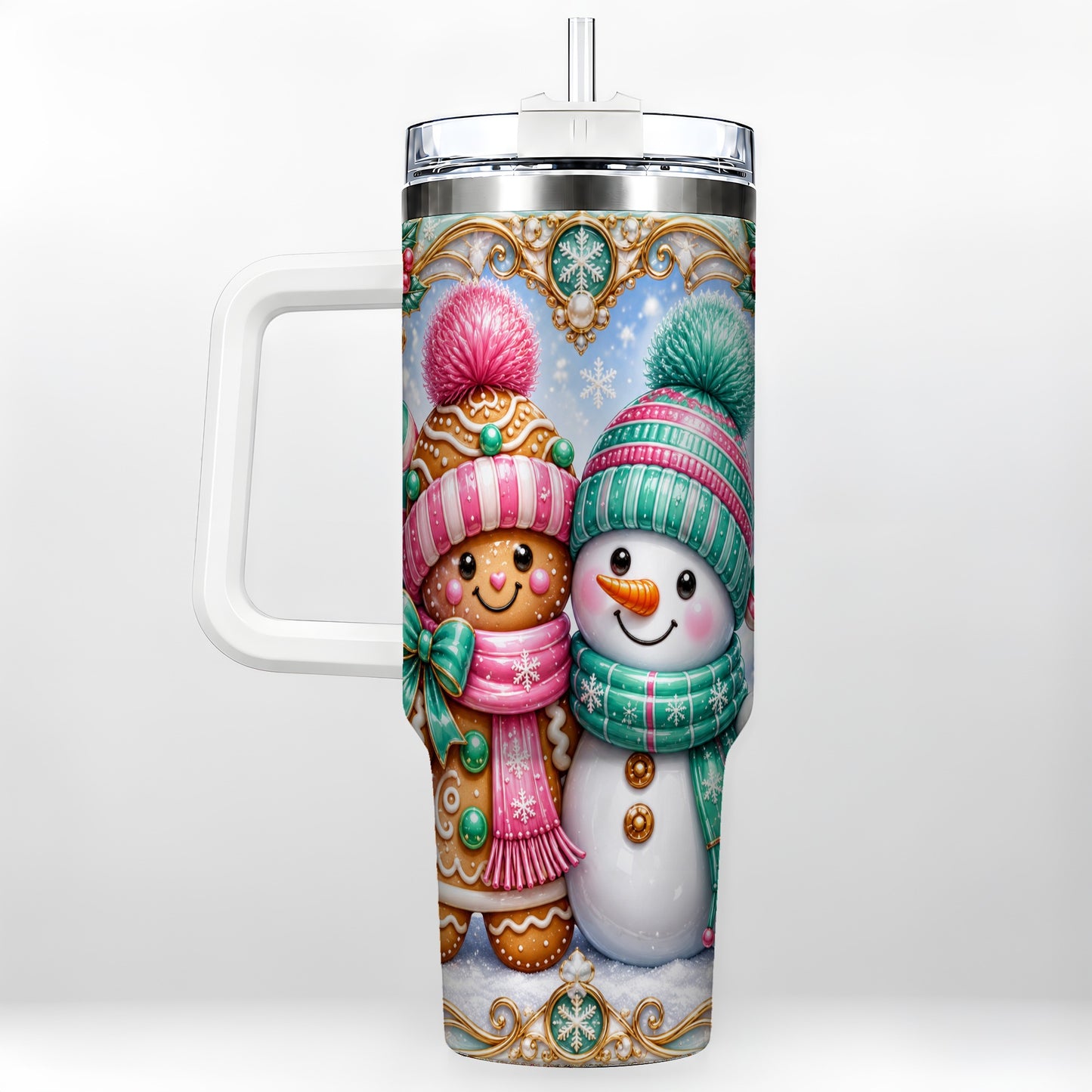 Gingerbread Snowman 40oz Tumbler with Handle, Candy Cane Travel Cup