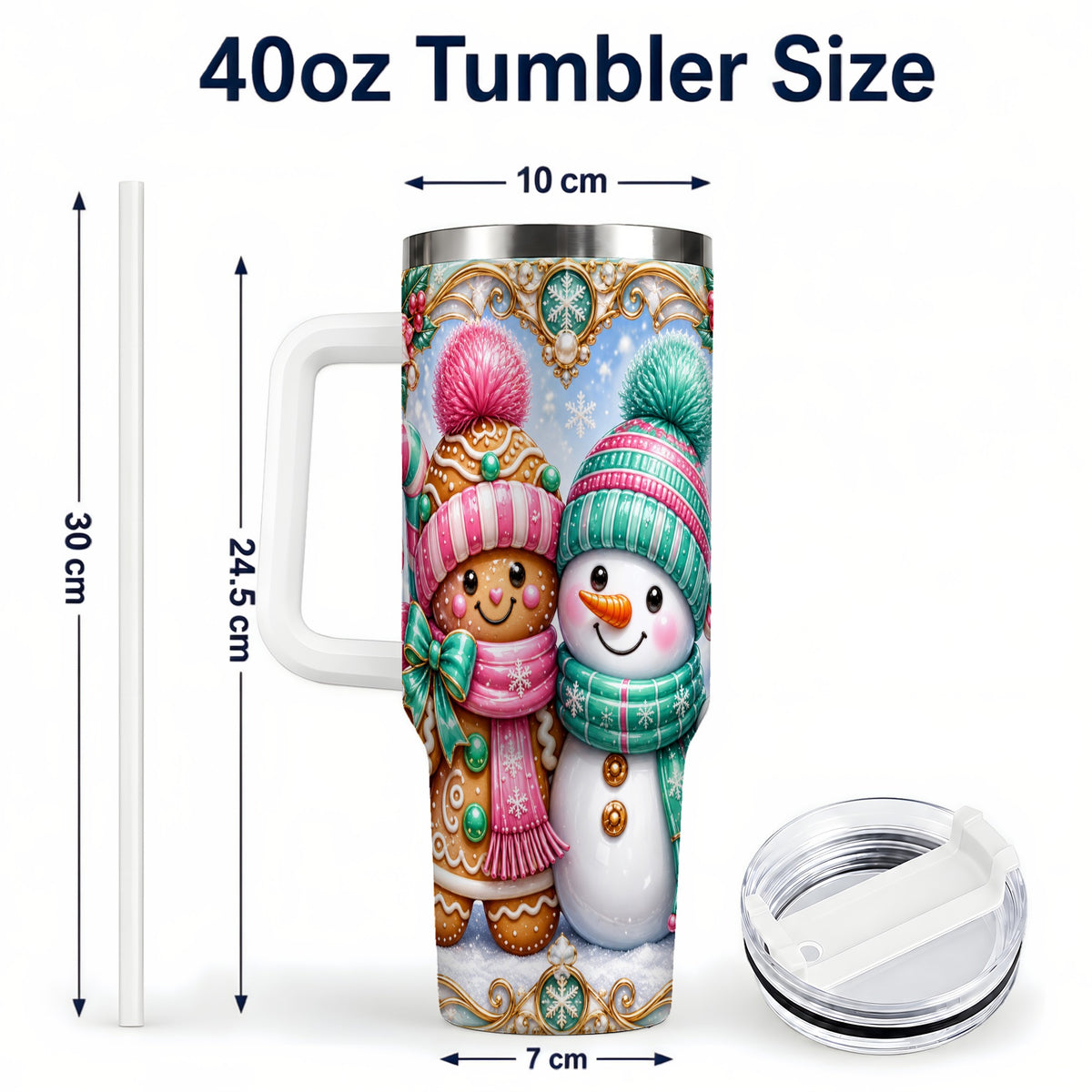 #pl[40oz|White] Gingerbread Snowman 40oz Tumbler with Handle, Candy Cane Travel Cup